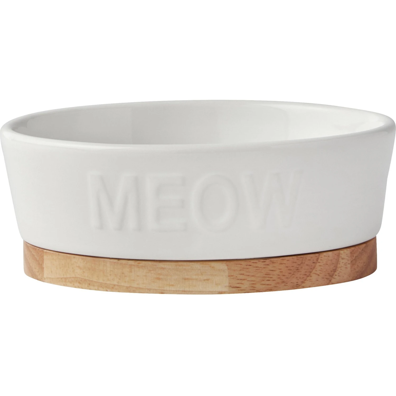 Frisco Oval Meow Non-skid Ceramic Cat Bowl With Wood Base 3 Frisco Oval Meow Non-skid Ceramic Cat Bowl With Wood Base