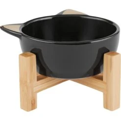 Frisco Cat Face Elevated Bamboo Non-Skid Ceramic Cat Bowl, Black, 1 Cups -Frisco 363383 PT3. AC SS1800 V1657657267