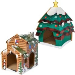 Frisco 30 Frisco Holiday Log Cabin Cardboard Cat House & Frisco Holiday Christmas Tree Cardboard Cat House